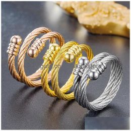 Anillos de banda Anillo de alambre de acero inoxidable dorado Nudillo ajustable abierto Hombres Mujer Moda Joyería fina Regalo Entrega de gota Dh4P6