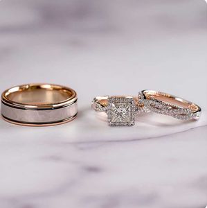 Anillos de banda Precioso 3 unids/set anillos de boda para mujer mosaico CZ dos tonos romántico 18k anillo de compromiso femenino anillos de compromiso de moda para mujer joyería anillo de diamante