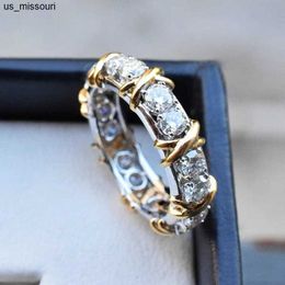 Anneaux de bande faits à la main à travers l'anneau blanc jaune or rempli de diamants cz anneaux de mariage pour les femmes hommes déclaration fête Moissanite bijoux J230522