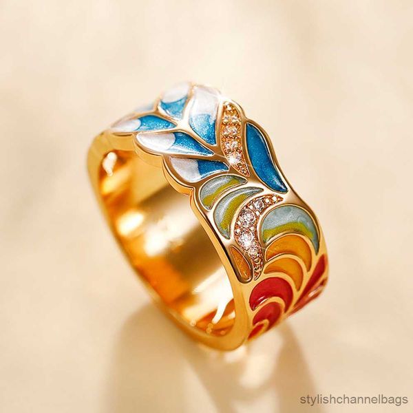 Anillos de banda, anillo hecho a mano para mujer, patrón de plumas coloridas, anillo cúbico de Color dorado, joyería nupcial romántica para boda