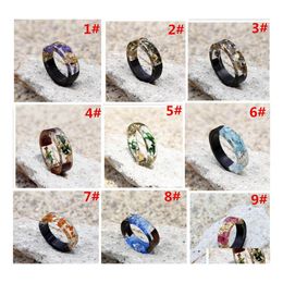 Bande Anneaux À La Main Bois Résine Feuille D'or Fleurs Plantes À L'intérieur Pour Femmes Hommes Mode Diy Bijoux Cadeau Drop Delivery Ring Dhjbu