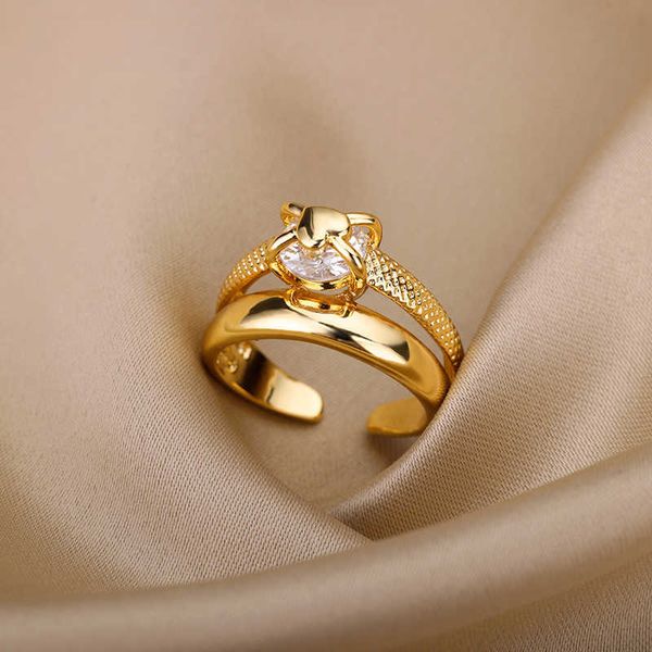 Anillos de banda Anillos de corazón para mujeres Grils chapado en oro anillo de acero inoxidable ajustable 2023 tendencia de lujo boda pareja joyería anillos mujer AA230417