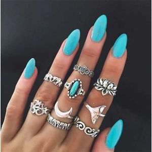 Band Ringen HI MAN 9 stks/set Europese Gemengde Olifant Fishtail Lotus Maan Ring Vrouwen Persoonlijkheid Vintage Banket Sieraden Accessoires 240125