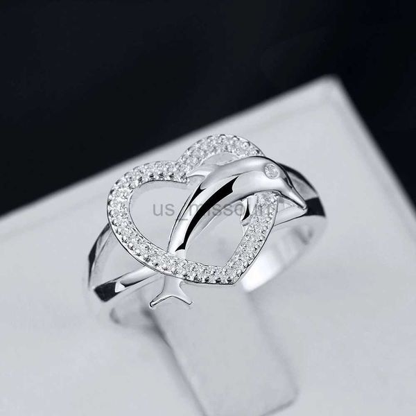 Anillos de banda de alta calidad de plata de ley 925 finos anillos de corazón de delfines de amor para mujeres regalos de pareja joyería de boda de fiesta de moda J230531