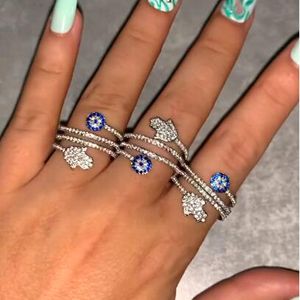 Bandringen Hoogwaardige schroef Twistring Micro Pave Witblauw Kubieke Zirkonia 5a CZ Fatima Hamsa Hand rond oog voor vrouwen Sieraden 230511