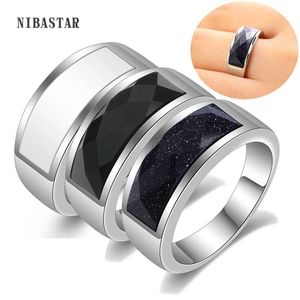 Anillos de banda Anillo de piedra semipreciosa blanco / azul / negro de alta calidad para hombres, mujeres, damas, accesorios de fiesta de acero inoxidable 240125