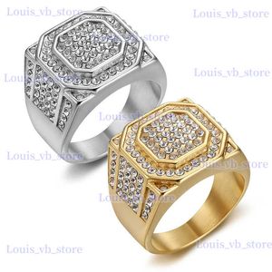 Anneaux de bande Hip Hop Bling Ice Out Full Rhingestone Geométrique HEXAGON MENSE RING GOLD COULEUR COULEUR SILLE SALONS INOXDUX POUR MEN BIELS T240330