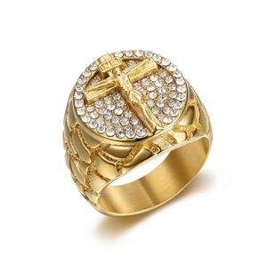 Anneaux de bande Hip Hop Iced Out Big Jésus Bague Mâle Couleur Dorée 14K Or Jaune Croix Chrétienne Anneaux Pour Hommes Relius Bijoux Drop Livrer Dh8Qc