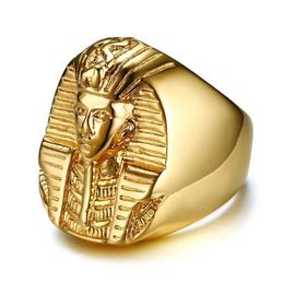 Anillos de banda Hip Hop Rock 316L Acero inoxidable Antiguo faraón egipcio Tutankamón Hombres Bling Anillo Joyería Envío de la gota 240125