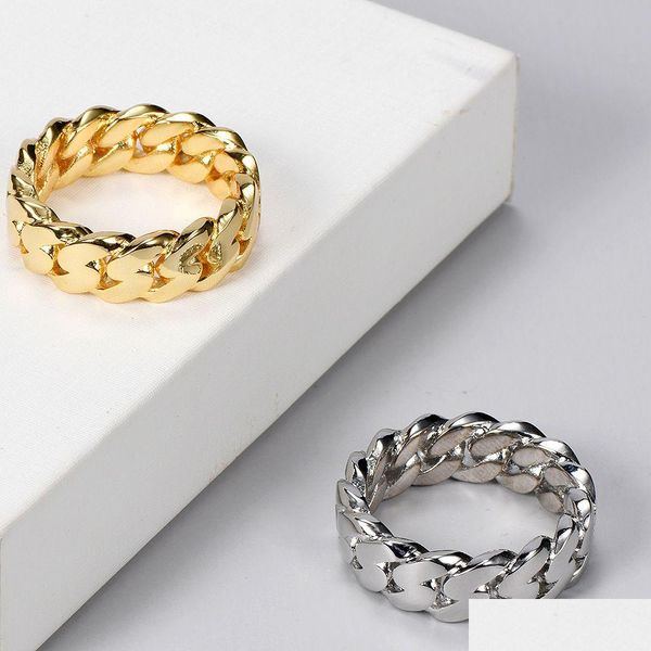 Anillos de banda Hip Hop Brillante 18K Chapado en oro real Cadena cubana lisa Dedo Circel Joyería Anillo de entrega de gota Dhkih