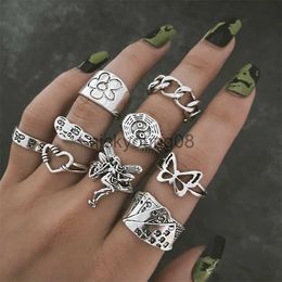 Anillos de banda Hiphop Vintage Silver Color Poker Angel Wings Anillos de dedo para mujeres Punk Heart Butterfly Boho Knuckle Ring Sets Trend Jewelry x0625