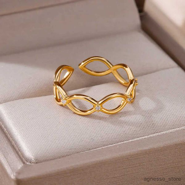 Anillos de banda Anillos de cadena de cuerda hueca para mujer Anillo de boda ajustable de acero inoxidable de color dorado Joyería estética femenina Accesorios Regalos R231130