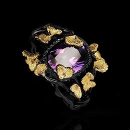 Bandringen Hot verkopen Natural Purple Stone Flower Zhi Tree Vine Black Gold Creative Ring For Ladies Wedding Party Sieraden Gift H240425