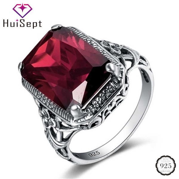 Bande Anneaux HuiSept Classique Argent 925 Bague Bijoux Rectangle Forme Rubis Gemme Anneau pour Homme Femme Fête De Mariage Cadeau Ornement En Gros J230517