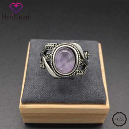 Anneaux de bande Huisept Retro 925 Silver Ring Amethyst Flower Ring Womens Wedding Party Gift Wholesale Q240427