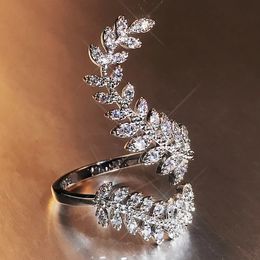 Anneaux de bande Huitan feuilles gracieuses les deux extrémités de l'anneau ouvert couleur argent fille Cocktail fête brillant cristal Zircon mode femmes bijoux 231123