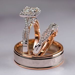 Bandringen Huitan Luxe Princess Cut Cubic Zirkon Bridale Huwelijksset Elegante accessoires Briljante vrouwen Men Men Wedding Trendy Sieraden 230829