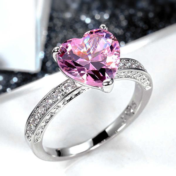 Anillos de banda Huitan Romántico Rosa Corazón Anillos Mujeres Brillante Cubic Zirconia Nupcial Boda Anillos Simple Elegante Accesorios Femeninos Caliente G230213