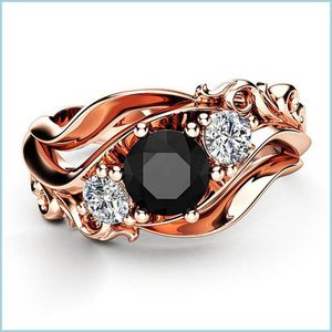 Anneaux De Bande Huitan Sorcière Anneau Unique Pierre Noire Prong Réglage Twist Band Design Or Rose Couleur Femmes Bagues De Fiançailles Wholesa Dhq7T