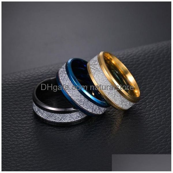 Anillos de banda Lámina de seda de hielo Oro Sier Azul Color negro Anillo de acero inoxidable Dedo para hombres Mujeres Joyería de hip hop Moda Will y Sandy D Dhasl