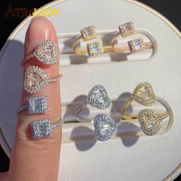 Anneaux de bande glacés coeur réglable AAA CZ pierres couleur argent carré bijoux de mode pour la fête des mères pour les femmes 230511