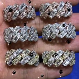 Band Ringen Iced Out Bling Mannen Vinger Sieraden Volledige Verharde Rechthoek Zirconia 5A CZ Cubaanse Link Chain Verlovingsring 221107