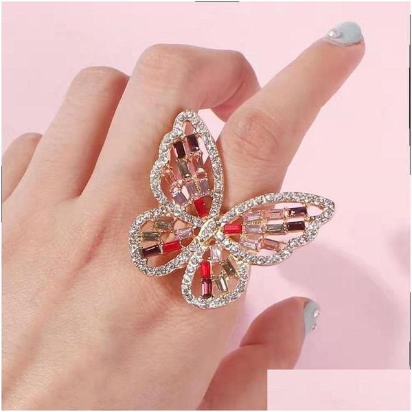 Anillos de banda Iced Out Anillo de mariposa para mujer Diseñador de lujo para mujer Bling Diamond Animal Hip Hop Crystal Gold Sier Colorf Charm Drop Dhdbn