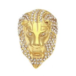 Bandringen Iced Lion Head for Mens Hip Hop Crystal Rhinestone Gold Animal Sign Women Rapper Hiphop Jewelry Gift Drop levering Rin DHWCC
