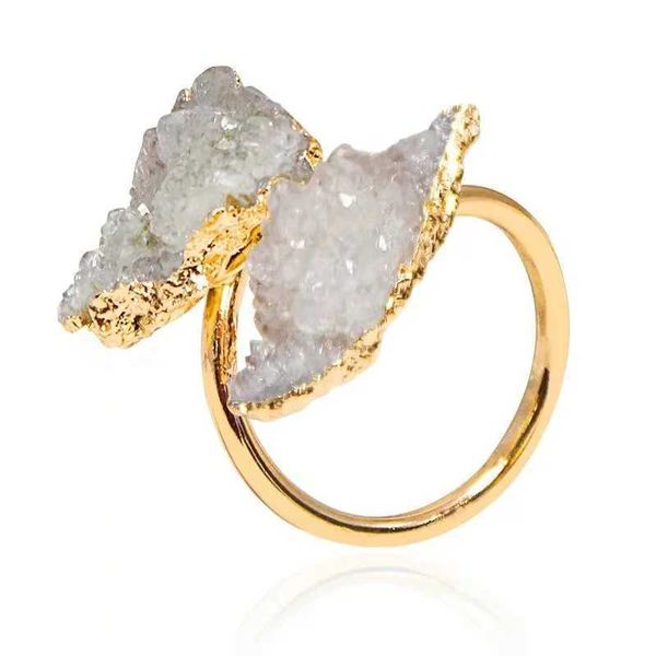 Anillos de banda Irregular Druzy Piedra Anillo abierto Dorado Hecho a mano Cristal Cluster Joyería de dedo Tamaño ajustable 240125