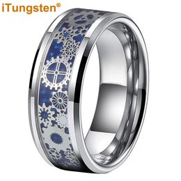 Bandringen iTungsten 6 mm 8 mm blauwe koolstofvezel Steampunk Gear Inlay wolfraam ring voor mannen vrouwen trouwring mode-sieraden Comfort Fit 231118