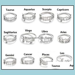 Bande Anneaux Bijoux Réglable 12 Constellations Lettre Anneau Pour Femme Ouverture Mariage En Acier Inoxydable Sier Or Zodiaque Doigt Anniversaire Goutte