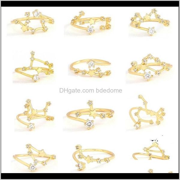 Anillos de banda, joyería, entrega directa, 2021, 12 constelaciones, moda, regalo para Amiga de la suerte, Color dorado, anillo del zodiaco con diamantes, 2 Foyr