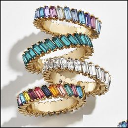 Anillos de banda Joyería Nuevo Boho Rainbow Tilt Crystal Stacking Para Mujeres Niñas Moda Oro Sier Color Baguette Boda Dh5Dg