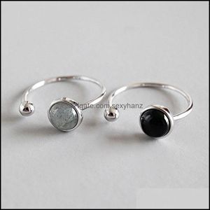 Bandrings sieraden Real 925 Sterling Sier Open Ring voor vrouwen met ronde zwarte agaat/maansteen doen de oude stijl vinger YMR229 Drop levering