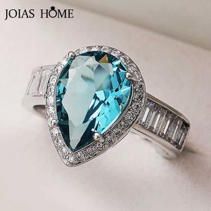 Bande Anneaux JoiasHome À La Mode Femme Argent 925 Bijoux Bague De Mariage pour Femmes Goutte D'eau En Forme De Poire Mer Bleu Pierre Précieuse Taille6-10 Cadeau De Fête J230517