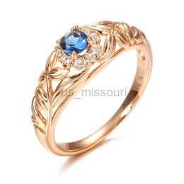 Anillos de banda Kinel Azul Circón Natural 585 Anillo de Oro Rosa Flor de Cristal Hueco Étnico Novia Anillos de Boda para Mujeres Joyería Fina Vintage J230531