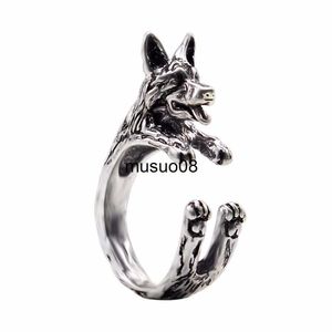 Bagues de bande Kinitial Fashion Ring Unique Handmade Boho Chic Retro German Shepherd Ring Bagues réglables Pet Lovers Idée cadeau Bijoux J230602