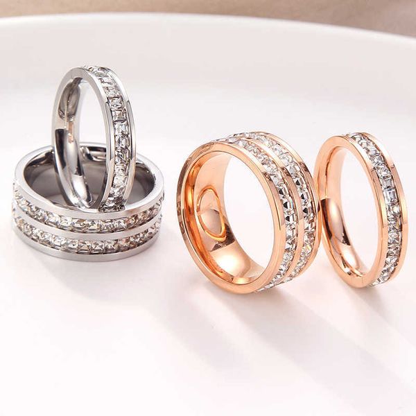 Bagues de groupe Knock Hot Valette Double cristal Woman Ring Rose Gold Couleur remplie de titanium Sonnes en acier pour femmes Femme Fine Bijoux AA230529