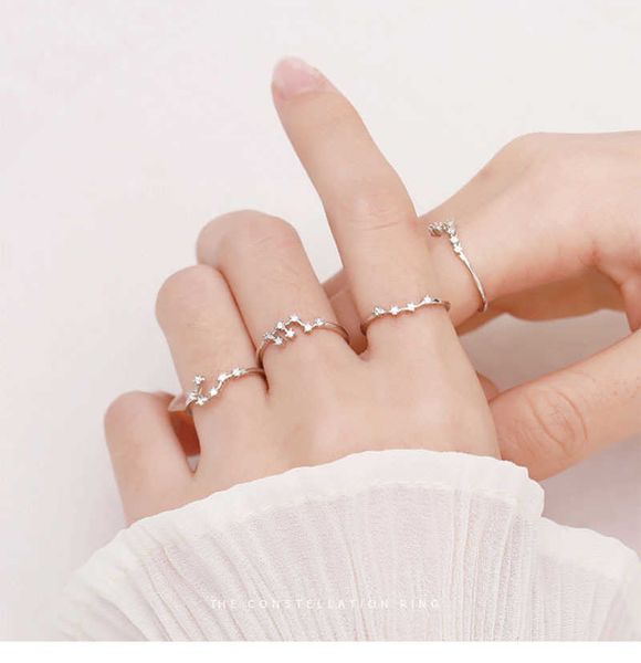 Anillos de banda Moda coreana Color plata Signo del zodiaco Anillos para mujeres Cristal brillante Circón Anillo de apertura 12 Constelación Joyería Regalo de cumpleaños Z0509