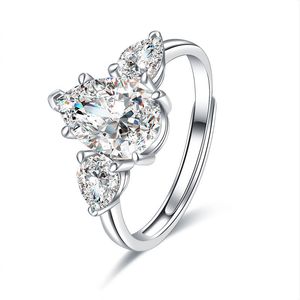 Band ringen dame ring 925 sterling zilveren mozam diamant water drop ring vrouwen luxe peer-vormige 2 open mode persoonlijkheid ingelegd