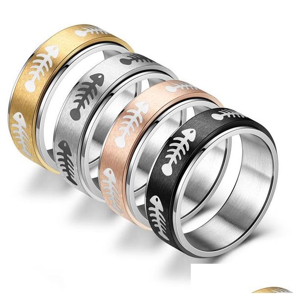 Anillos de banda Grabado láser Huesos de pescado Hombres Sier Color Titanio Acero Anillo giratorio Facilidad Ansiedad Mtifuncional 8Mm Accesorios de moda Drop De