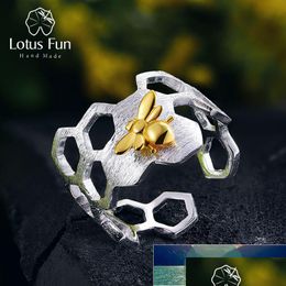 Anneaux de bande Lotus Fun Real 925 Sterling Sier Abeille en or 18 carats Designer naturel Fine Jewelry Home Guard Anneau ouvert en nid d'abeille pour Wo Dhgarden Dhcqk