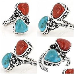 Bagues de bande Amour Coeur Motif Turquoisering Bague Bijoux Femmes Vintage Plaqué Sier Anneaux Mode Saint Valentin Cadeau 3 4HC J2 Drop de Dhx0U