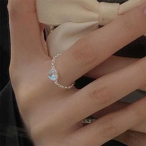 Bandringen Love Moonstone Heart Ring 100% 925 Sterling Silver verstelbare linkvinger voor vrouwen Girls Wedding Party Gifts