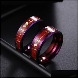 Bagues de bande Bague de couple lumineuse 8 mm / 6 mm Battement de coeur brillant Ecg Mariage violet Brillant Amour dans le noir 578 Z2 Drop Livraison Bijoux Dhznj