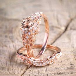 Anéis de banda luxuosos femininos conjunto de alianças de casamento brilhante corte redondo zircão rosa ouro cor festa cristal jóias
