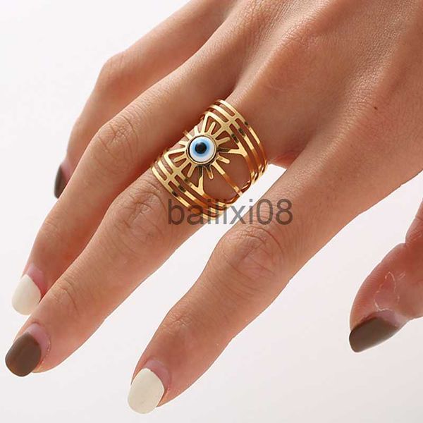 Anneaux De Bande De Luxe 14K Plaqué Or En Acier Inoxydable Anneaux Finger Party Bijoux De Mariage Large Evil Eyes Anneaux Bagues De Fiançailles pour Femmes J230719