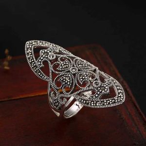 Anneaux de bande Luxury% authentique 925 Bague en argent sterling Femme Vintage et rétro Marcasite S925 Rague de bijoux ouverte réglable Q240427