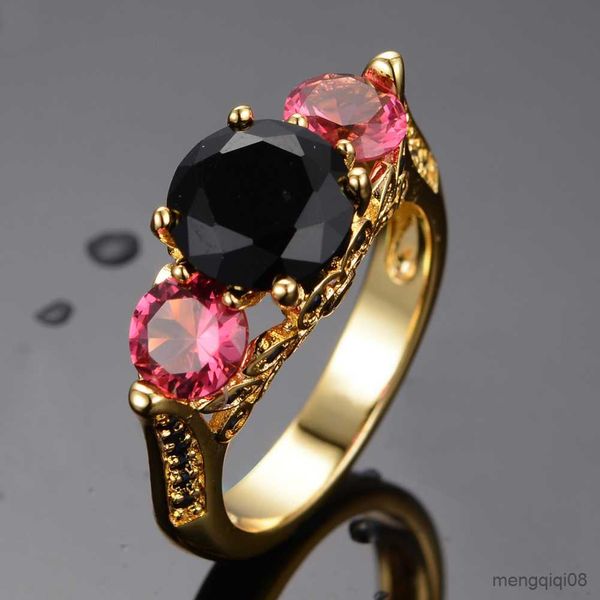 Anneaux de bande de luxe femme noir rouge cristal anneau mignon couleur or mariage mince pour les femmes mariée ronde Zircon fiançailles