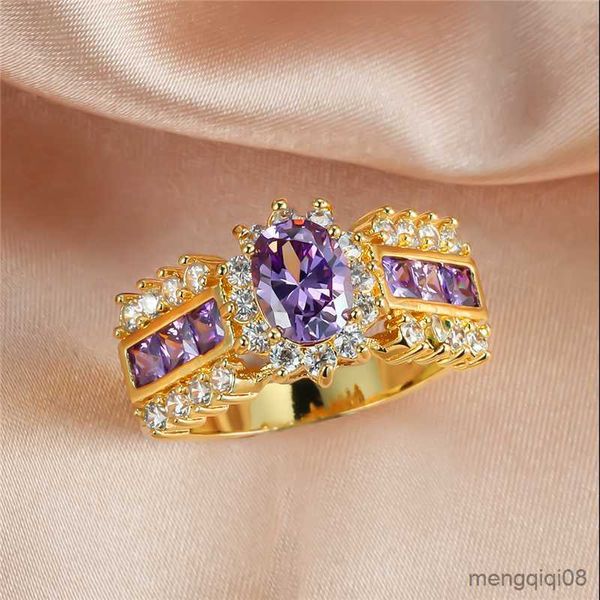 Anneaux de bande de luxe femme violet ovale cristal anneau breloque couleur or mariage pour les femmes promesse géométrique fleur fiançailles